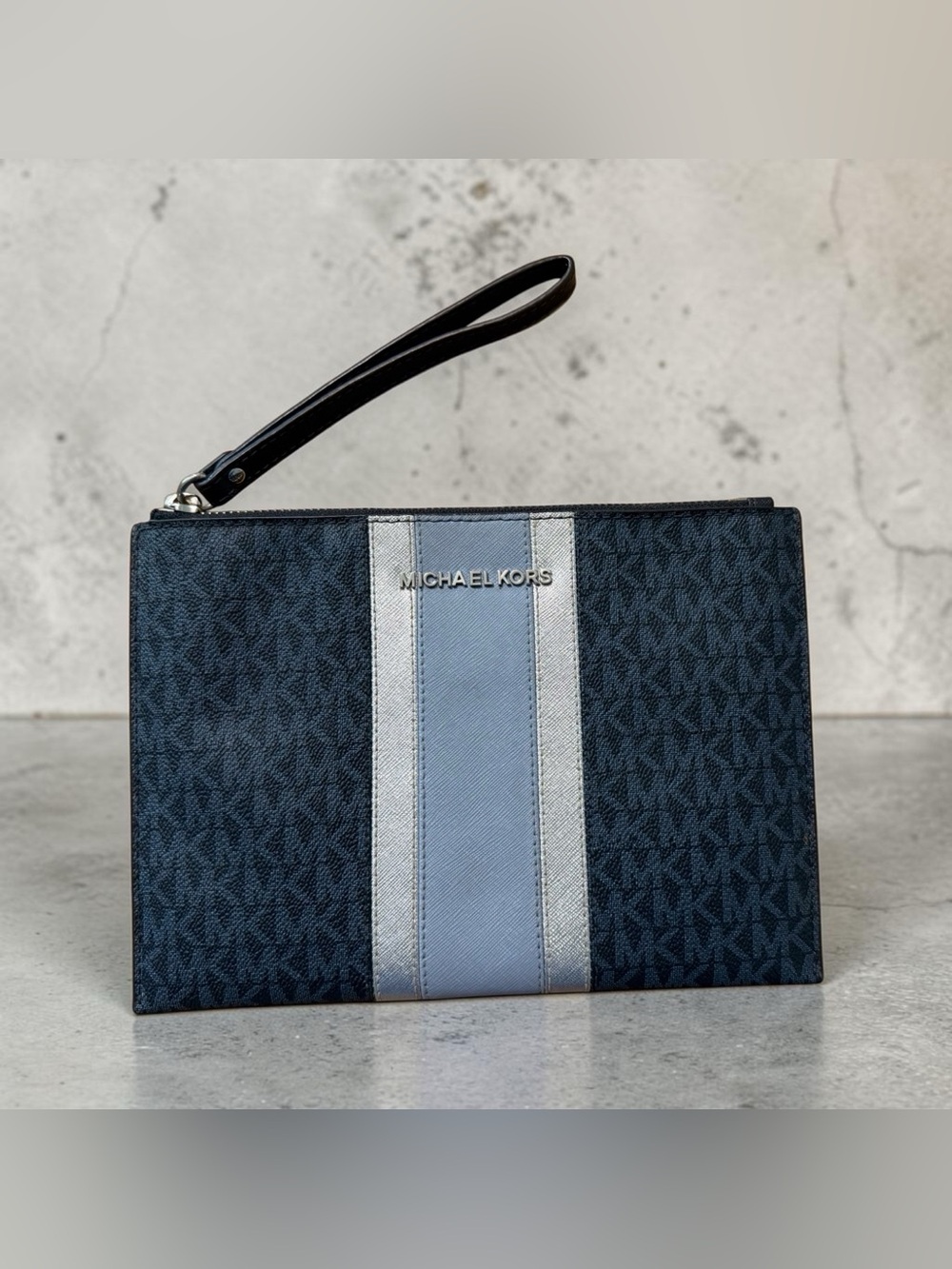 Michael Kors Navy and Light Blue Women's Wristlet Pouch with Silver Stripe